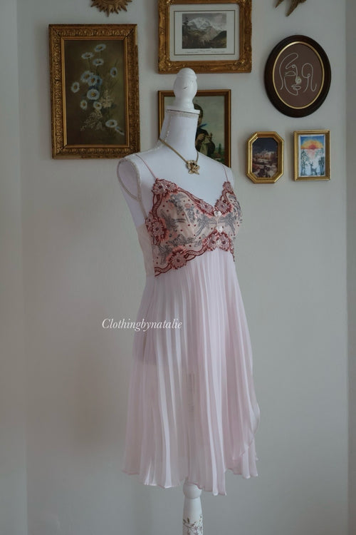 Embroidery Pink Chiffon Slip Dress (S/M)