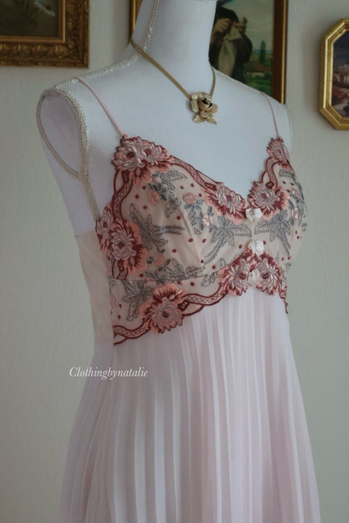 Embroidery Pink Chiffon Slip Dress (S/M)