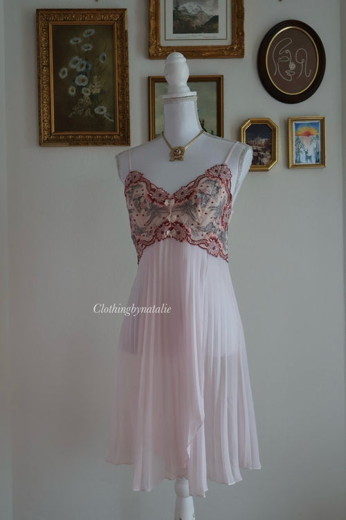 Embroidery Pink Chiffon Slip Dress (S/M)