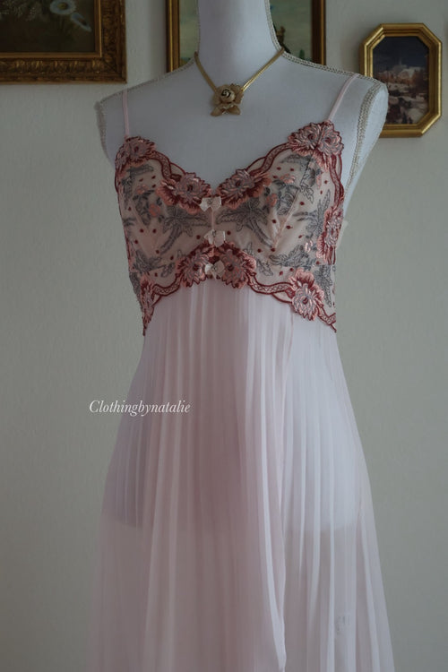 Embroidery Pink Chiffon Slip Dress (S/M)