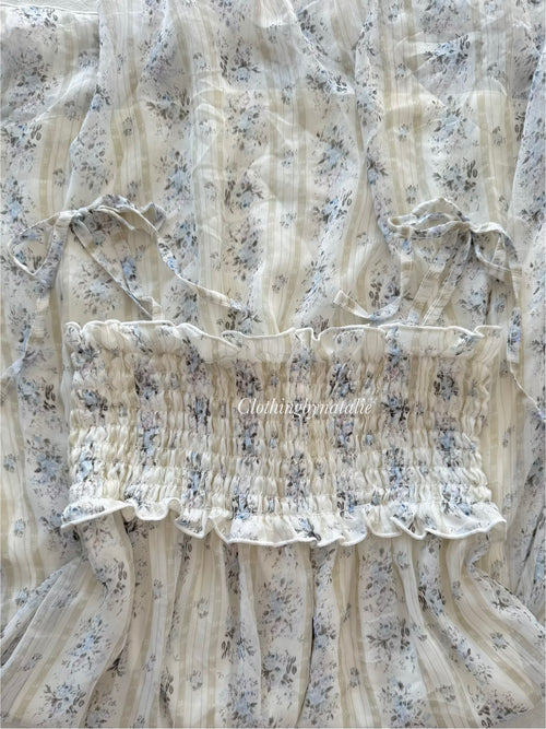 Blue Floral Midi Chiffon Dress Size S