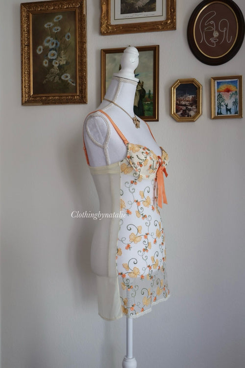 Eblin Embroidery Orange Slip Dress (XS)