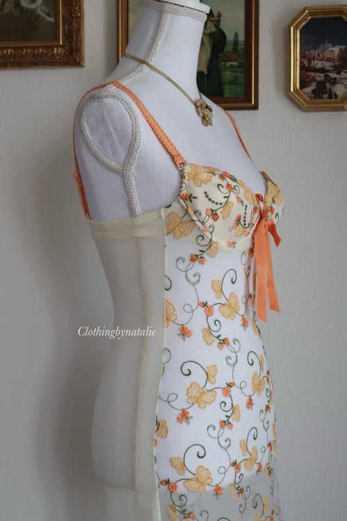 Eblin Embroidery Orange Slip Dress (XS)