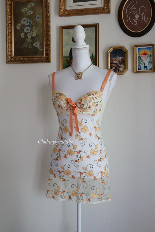 Eblin Embroidery Orange Slip Dress (XS)