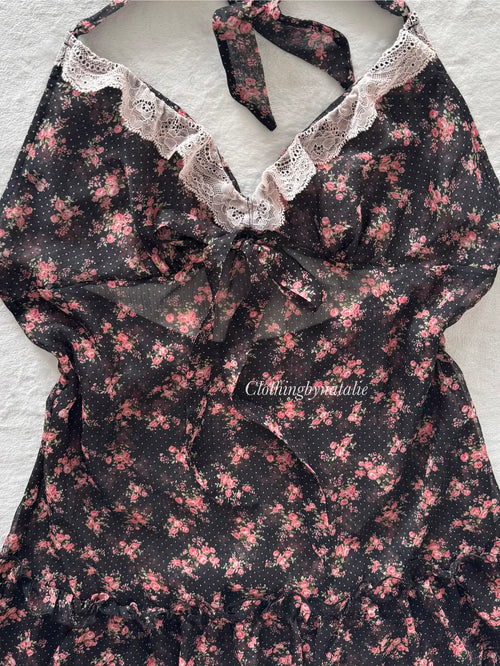 Black Floral Sheer Chiffon Babydoll Size M
