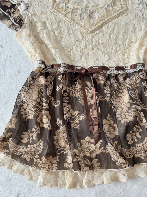 Y2K Lace Chiffon Blouse (S)