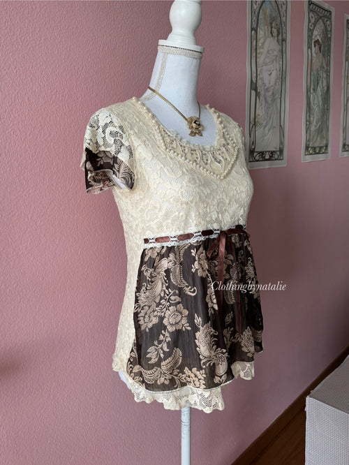 Y2K Lace Chiffon Blouse (S)