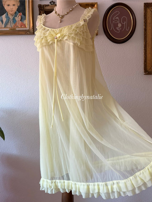 Vintage Yellow Nylon Nightgown size M