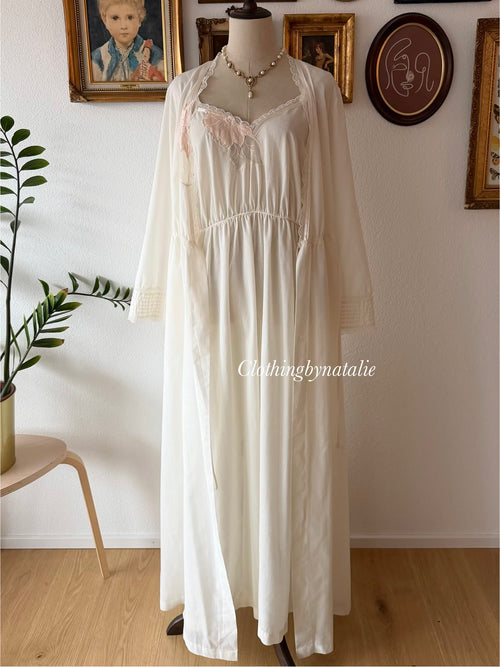 1970s Deena Cream Cotton Maxi Peignoir Set Size M