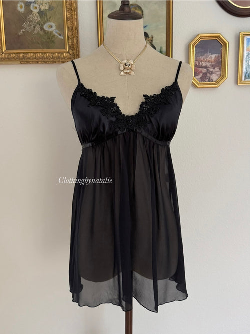 Linea Donatella Black Satin Chiffon Peignoir Size S