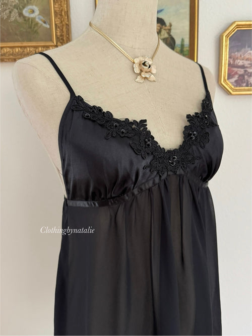 Linea Donatella Black Satin Chiffon Peignoir Size S