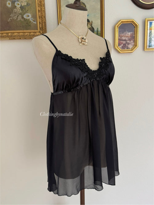 Linea Donatella Black Satin Chiffon Peignoir Size S