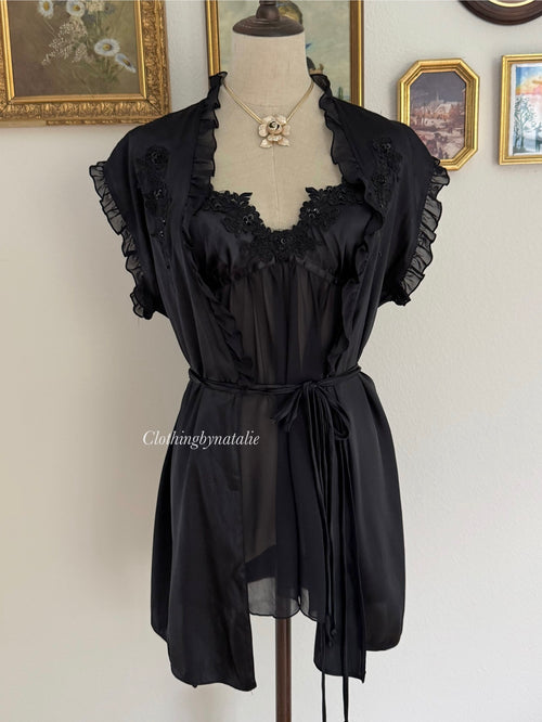 Linea Donatella Black Satin Chiffon Peignoir Size S