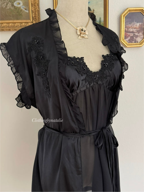 Linea Donatella Black Satin Chiffon Peignoir Size S