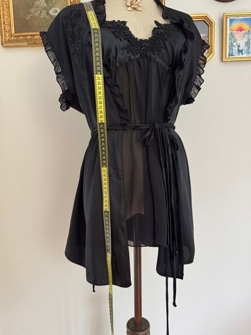 Linea Donatella Black Satin Chiffon Peignoir Size S