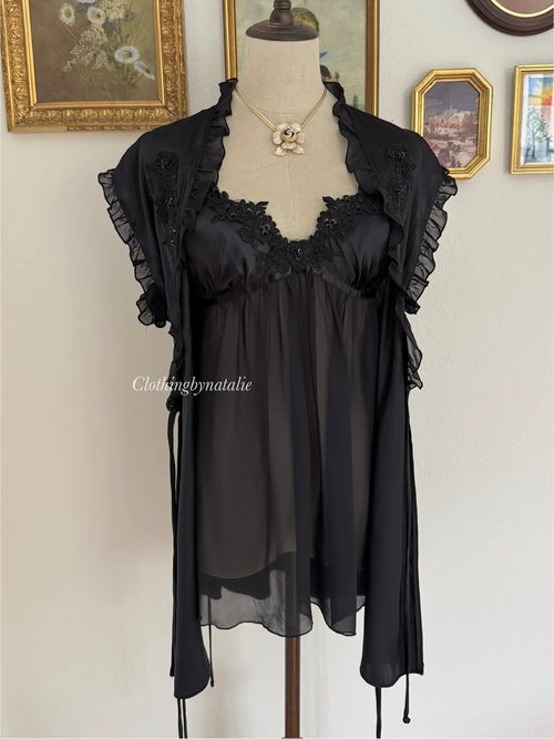 Linea Donatella Black Satin Chiffon Peignoir Size S