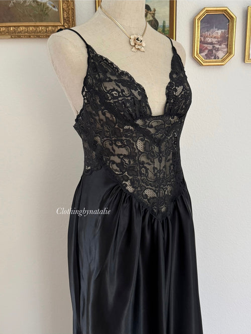 Morgan Taylor Black Lace Satin Maxi Slip size M