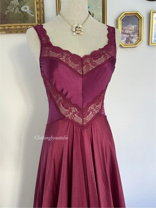 Olga Burgundy Nylon Maxi Nightgown size S/M