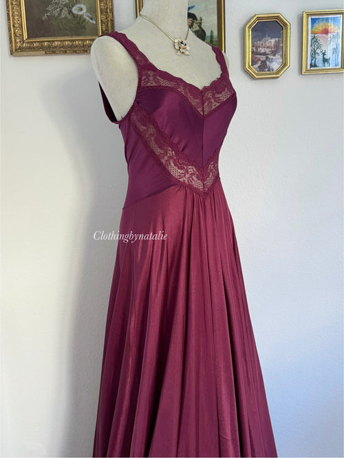 Olga Burgundy Nylon Maxi Nightgown size S/M