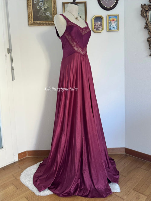 Olga Burgundy Nylon Maxi Nightgown size S/M