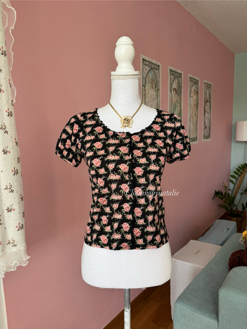 Black Cotton Floral Blouse (S)