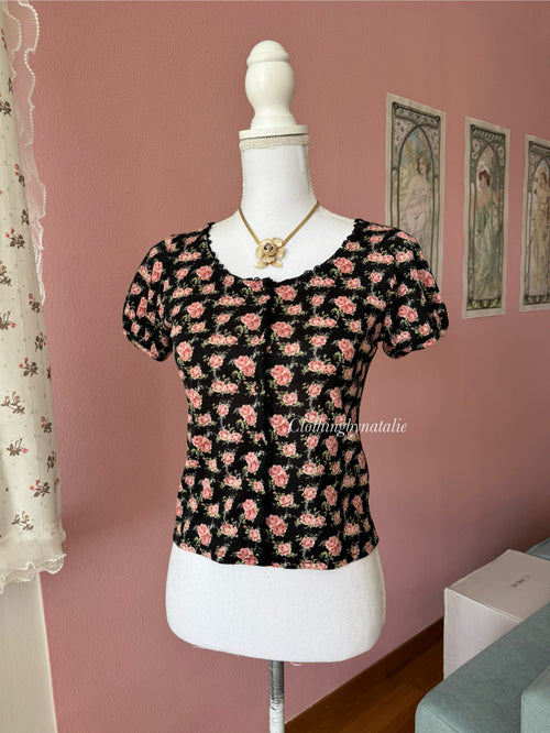 Black Cotton Floral Blouse (S)