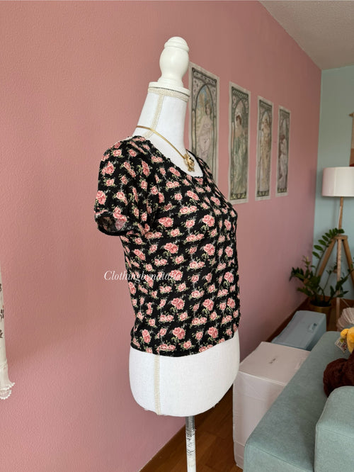 Black Cotton Floral Blouse (S)