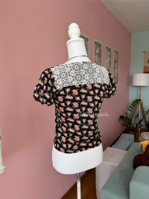 Black Cotton Floral Blouse (S)