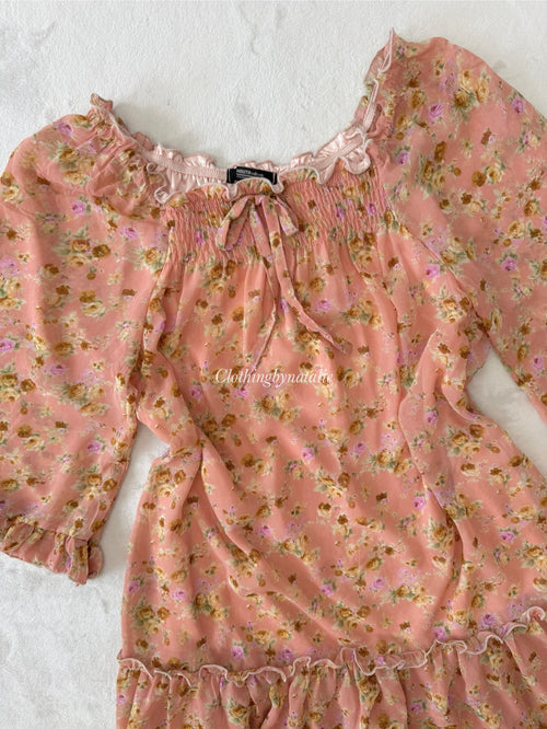 Japanese Orange Floral Chiffon Dress (M)