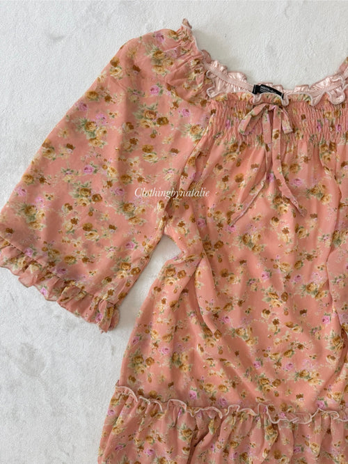 Japanese Orange Floral Chiffon Dress (M)
