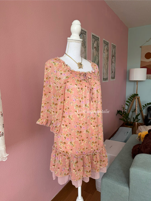 Japanese Orange Floral Chiffon Dress (M)