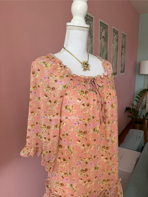Japanese Orange Floral Chiffon Dress (M)