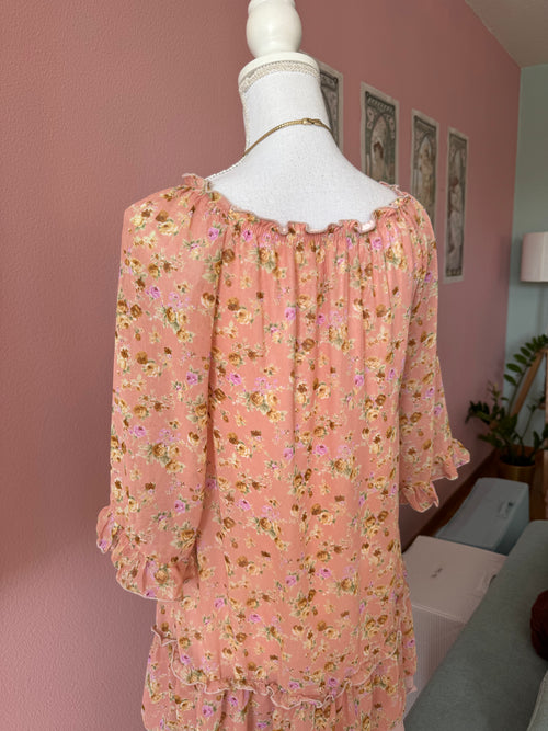 Japanese Orange Floral Chiffon Dress (M)