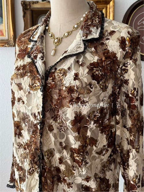Whimsical Brown Lace Blouse size M