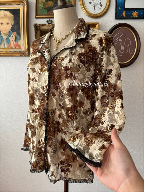 Whimsical Brown Lace Blouse size M