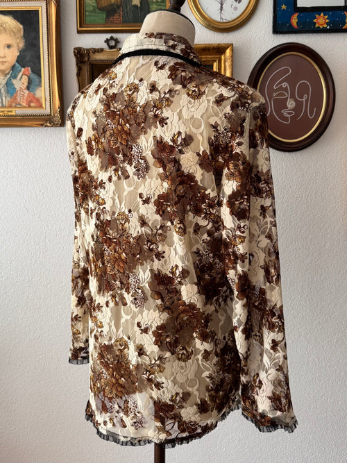 Whimsical Brown Lace Blouse size M