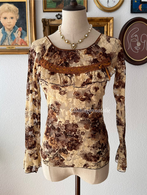 Y2K Brown Lace Blouse size S