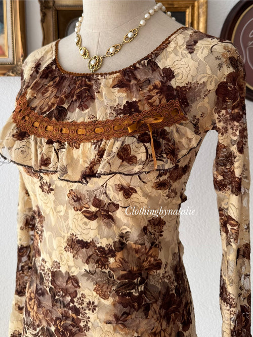 Y2K Brown Lace Blouse size S