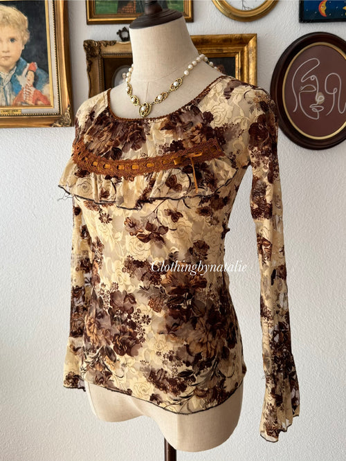 Y2K Brown Lace Blouse size S