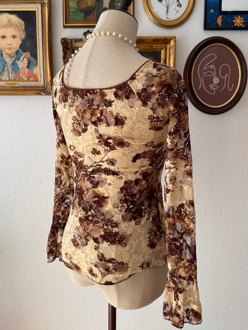 Y2K Brown Lace Blouse size S