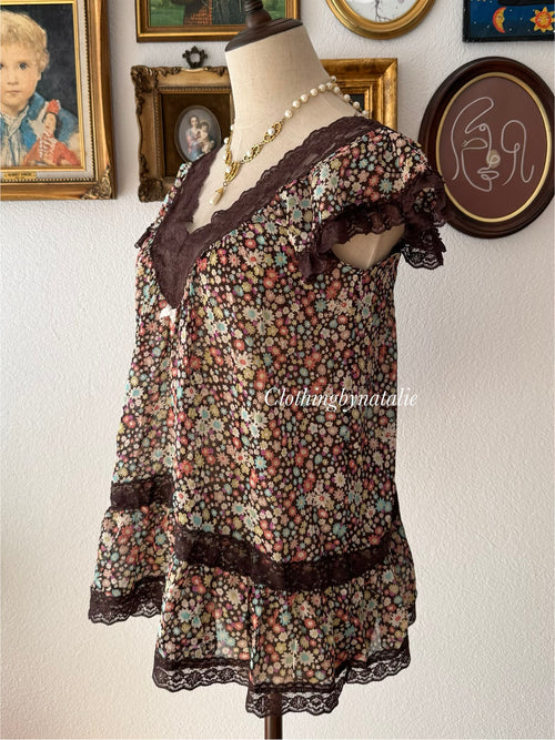 Floral Brown Chiffon Blouse size S