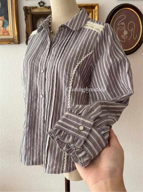 Grey Cotton Long Sleeve Blouse Size S