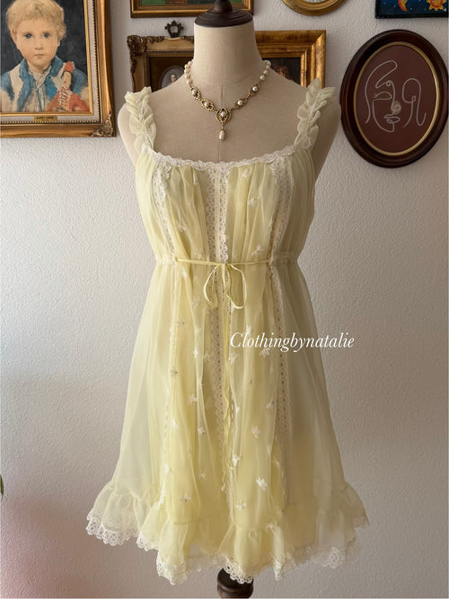 Vintage Yellow Nylon Nightgown size M