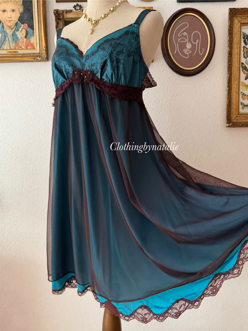Whimsical Blue Brown Babydoll size M
