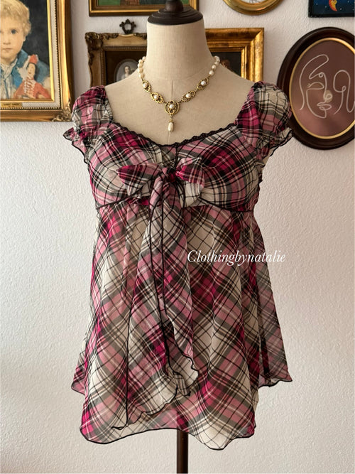 Pink Plaid Chiffon Blouse size S