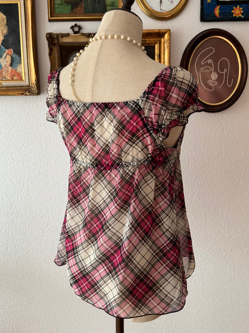 Pink Plaid Chiffon Blouse size S