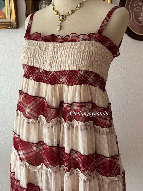 Red Plaid Chiffon Dress size S/M