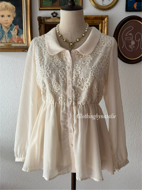 Cream Long Sleeve Chiffon Blouse Size S