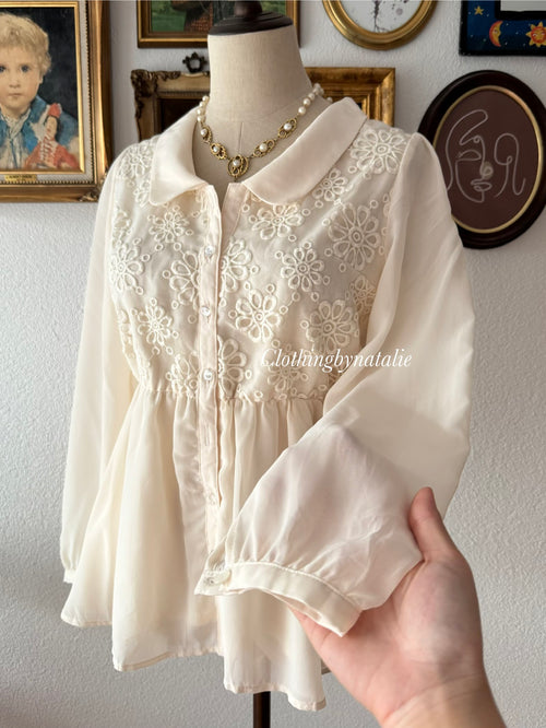 Cream Long Sleeve Chiffon Blouse Size S