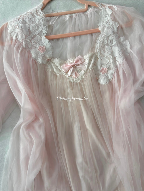Vintage Candy Pink Nylon Peignoir Set Size S/M